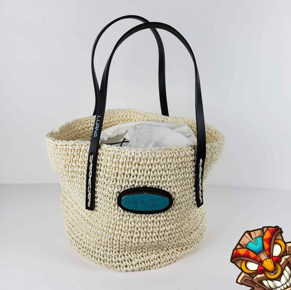 Luana Womens Tropical Woven Ivory Bucket Bag Drawstring Leather Handles Pocket
